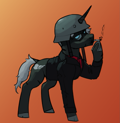 Size: 809x833 | Tagged: safe, artist:neither, derpibooru import, oc, oc:crimson(red), pony, unicorn, biker jacket, cigarette, helmet, horn, jacket, looking at you, scar, smoking, unicorn oc