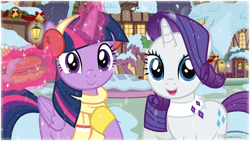 Size: 8000x4500 | Tagged: safe, artist:twilirity, derpibooru import, rarity, twilight sparkle, twilight sparkle (alicorn), alicorn, pony, unicorn, g4, absurd resolution, building, burger, christmas, christmas wreath, clothes, cute, door, earmuffs, female, folded wings, food, hay burger, heartwarming, holiday, horn, lamp, looking at you, magic, mare, outdoors, raised hoof, raised leg, raribetes, scarf, smiling, smiling at you, snow, statue, twiabetes, vector, wings, wreath, yummy