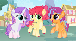 Size: 3650x2000 | Tagged: safe, artist:lovinglypromise, derpibooru import, apple bloom, scootaloo, sweetie belle, earth pony, pegasus, pony, unicorn, g4, alternate design, cutie mark crusaders, horn, outdoors