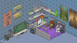 Size: 1920x1080 | Tagged: safe, artist:darkdoomer, button mash, sweetie belle, oc, oc:anon filly, pony, fallout equestria, /v/, 4chan, bed, bedroom, computer, digimon, doom, duo, everfree outpost, flatscreen, game boy, games, isometric, pixel art, playstation, plushie, posters, quake, renamon, sega dreamcast, shelf, sleep tight, stereo, super nintendo, television, toys, video game, yoshi