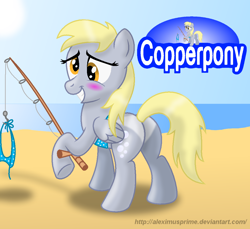 Size: 1052x965 | Tagged: safe, artist:aleximusprime, derpibooru import, derpy hooves, pegasus, pony, g4, bikini, blushing, bubble butt, butt, clothes, coppertone parody, cute, derpabetes, female, fishing rod, i just don't know what went wrong, mare, plot, side-tie bikini, solo, swimsuit, tan lines, undressing