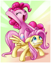 Size: 1640x2040 | Tagged: safe, artist:centchi, derpibooru import, fluttershy, pinkie pie, earth pony, pegasus, pony, g4, armpits, female, mare, pinkie pie riding fluttershy, ponies riding ponies, riding, riding a pony