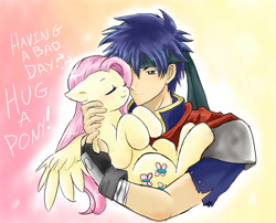 Size: 1275x1029 | Tagged: safe, artist:maplesugarpone, derpibooru import, fluttershy, human, pony, g4, blushing, crossover, cute, female, fire emblem, holding a pony, hug, human on pony snuggling, ike, male, mare, nintendo, request, shyabetes, snuggling