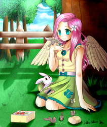 Size: 2000x2373 | Tagged: safe, artist:solanapple, derpibooru import, angel bunny, fluttershy, bird, human, g4, anime, bread, clothes, colored pupils, cute, female, fence, food, grass, grass field, hair accessory, humanized, kneeling, scenery, shyabetes, signature, skirt, smiling, tree, winged humanization, wings