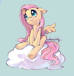 Size: 2419x2478 | Tagged: safe, artist:cuhenghdj, derpibooru import, fluttershy, pegasus, pony, g4, cloud, cute, female, looking up, mare, on a cloud, shyabetes, simple background, sitting, sitting on cloud, solo