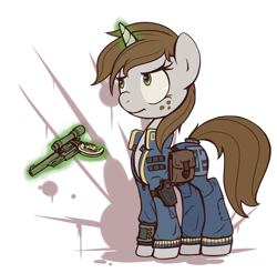 Size: 2469x2428 | Tagged: safe, artist:inlucidreverie, derpibooru import, oc, oc only, oc:littlepip, pony, unicorn, fallout equestria, bag, blood, blood splatter, clothes, fallout, fanfic, fanfic art, female, freckles, frown, glare, glowing, glowing horn, gun, handgun, holster, hooves, horn, jumpsuit, levitation, little macintosh, magic, mare, optical sight, pipboy, pipbuck, revolver, saddle bag, simple background, solo, telekinesis, transparent background, vault suit, weapon