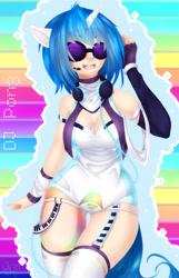 Size: 1600x2480 | Tagged: safe, artist:shuniyamasaki, derpibooru import, dj pon-3, vinyl scratch, human, g4, boobie mark, breasts, cleavage, clothes, eared humanization, female, garter belt, headphones, horn, horned humanization, humanized, piercing, rainbow, socks, solo, sunglasses, tail, tailed humanization, thigh highs, vinyl stacked