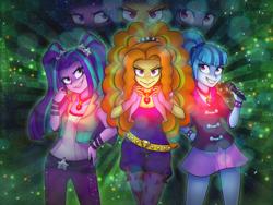 Size: 2560x1920 | Tagged: safe, artist:stargrace97, artist:stargureisu, derpibooru import, adagio dazzle, aria blaze, sonata dusk, human, equestria girls, g4, rainbow rocks, beautiful, belt, clothes, evil smile, female, fingerless gloves, gem, gloves, glowing, grin, hand on hip, jewelry, leggings, looking at you, microphone, miniskirt, pants, pendant, pigtails, ponytail, siren gem, skirt, smiling, the dazzlings, trio, trio female, twintails