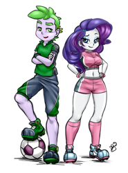 Size: 1200x1622 | Tagged: safe, artist:pia-sama, derpibooru import, rarity, spike, human, equestria girls, g4, belly, belly button, clothes, cosplay, costume, female, football, human spike, humanized, male, midriff, older, older spike, shipping, simple background, sparity, sports, straight, super mario, super mario strikers, white background