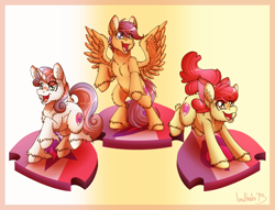 Size: 1700x1300 | Tagged: safe, artist:inuhoshi-to-darkpen, derpibooru import, apple bloom, scootaloo, sweetie belle, earth pony, pegasus, pony, unicorn, crusaders of the lost mark, g4, season 5, backwards cutie mark, cutie mark, cutie mark crusaders, female, filly, fluffy, foal, horn, my little pony: friendship is magic, open mouth, open smile, rearing, smiling, spread wings, the cmc's cutie marks, unshorn fetlocks, wings