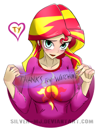 Size: 1200x1546 | Tagged: safe, artist:silver-wingx, derpibooru import, sunset shimmer, human, equestria girls, g4, blushing, breasts, clothes, female, human coloration, pajamas, simple background, solo, sunset jiggler, thank you, transparent background