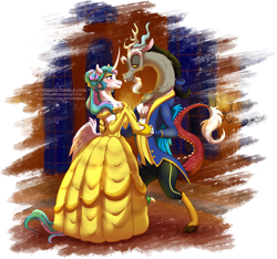 Size: 1300x1216 | Tagged: safe, artist:stepandy, derpibooru import, discord, princess celestia, alicorn, draconequus, pony, semi-anthro, g4, 1770s, 18th century, alternate hairstyle, beauty and the beast, belle, bipedal, breeches, clothes, cravat, crossover, curved horn, dislestia, disney, disney princess, disney style, dress, female, georgian, gown, horn, justacorps, male, princess belle, shipping, simple background, straight, style emulation, the beast, transparent background, waistcoat