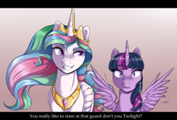 Size: 2186x1480 | Tagged: safe, artist:8bitamy, artist:vicse, derpibooru import, princess celestia, twilight sparkle, twilight sparkle (alicorn), alicorn, pony, collaboration, g4, caption, female, implied flash sentry, implied flashlight, implied shipping, implied straight, mare, spread wings, subtitles, text, wingboner, wings