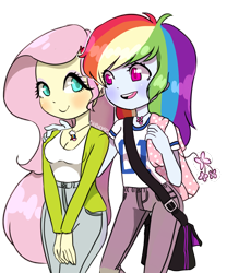 Size: 2236x2683 | Tagged: safe, artist:chibicmps, derpibooru import, fluttershy, rainbow dash, human, equestria girls, g4, female, flutterdash, lesbian, shipping, smiling