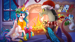 Size: 1280x720 | Tagged: safe, artist:stepandy, derpibooru import, discord, princess celestia, oc, alicorn, draconequus, pony, g4, bashful, blushing, christmas, clothes, cute, cutelestia, discute, dislestia, female, fireplace, grin, happy, hat, holiday, male, mistletoe, open mouth, plushie, present, raised hoof, raised leg, realistic horse legs, santa hat, scarf, shipping, smiling, straight