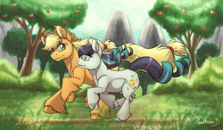 Size: 2400x1400 | Tagged: safe, artist:inuhoshi-to-darkpen, derpibooru import, applejack, coloratura, earth pony, pony, g4, the mane attraction, apple, apple tree, duo, female, fluffy, mare, my little pony: friendship is magic, rara, tree, unshorn fetlocks