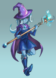 Size: 1059x1473 | Tagged: safe, artist:tzc, derpibooru import, trixie, human, equestria girls, g4, abstract background, boots, cape, clothes, eyelashes, female, hairpin, hat, long sleeves, mage, shoes, solo, staff, stars, trixie's cape, trixie's hat