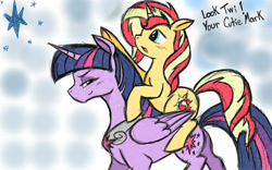 Size: 1280x800 | Tagged: safe, artist:angeltorchic, derpibooru import, sunset shimmer, twilight sparkle, twilight sparkle (alicorn), alicorn, pony, unicorn, g4, blushing, concave belly, cute, duo, female, horn, lesbian, mare, older, peytral, physique difference, pointing, ponies riding ponies, riding, riding a pony, shimmerbetes, shipping, slender, sunset shimmer riding twilight, sunsetsparkle, thin, twiabetes, ultimate twilight