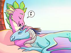 Size: 1600x1200 | Tagged: safe, artist:loryska, derpibooru import, princess ember, spike, dragon, g4, gauntlet of fire, cuddling, eyes closed, female, hug, male, music notes, my little pony: friendship is magic, older, older spike, open mouth, pictogram, pillow, ship:emberspike, shipping, smiling, snuggling, straight