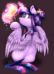 Size: 1200x1630 | Tagged: safe, artist:dragonfoxgirl, derpibooru import, twilight sparkle, twilight sparkle (alicorn), alicorn, pony, g4, alternate hairstyle, female, glowing, glowing horn, horn, levitation, magic, mare, raised hoof, raised leg, reading, scroll, simple background, sitting, solo, telekinesis, watermark