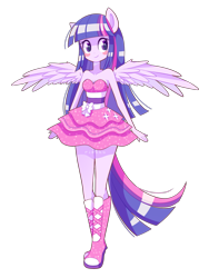 Size: 1500x1998 | Tagged: safe, artist:riouku, derpibooru import, twilight sparkle, twilight sparkle (alicorn), alicorn, equestria girls, g4, bare shoulders, blushing, boots, clothes, cute, dress, fall formal outfits, female, high heel boots, ponied up, ponytail, shoes, simple background, skirt, sleeveless, solo, sparkles, strapless, transparent background, twilight ball dress, wings