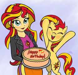 Size: 1800x1727 | Tagged: safe, artist:zetamad, derpibooru import, sunset shimmer, human, pony, unicorn, equestria girls, g4, birthday cake, cake, cute, duo, eyes closed, female, food, happy, happy birthday, horn, human ponidox, mare, open mouth, open smile, self paradox, self ponidox, shimmerbetes, smiling