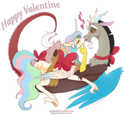 Size: 1400x1295 | Tagged: safe, artist:stepandy, derpibooru import, discord, princess celestia, alicorn, draconequus, pony, g4, blushing, bow, dislestia, eyes closed, eyeshadow, female, heart, holiday, kissing, lidded eyes, makeup, male, mare, ribbon, shipping, simple background, straight, tail, tail bow, transparent background, underhoof, unshorn fetlocks, valentine's day