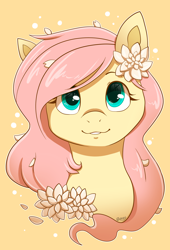 Size: 1548x2272 | Tagged: safe, artist:saber-panda, derpibooru import, fluttershy, pegasus, pony, g4, bust, cute, female, flower, flower in hair, looking up, mare, petals, portrait, shyabetes, simple background, solo, yellow background