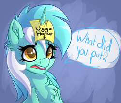 Size: 2654x2259 | Tagged: safe, artist:witchtaunter, derpibooru import, lyra heartstrings, pony, unicorn, g4, abuse, blatant lies, bully, bullying, chest fluff, dialogue, ear fluff, ears, female, horn, lyrabuse, mare, sad, solo, sticky note, telling lies