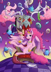 Size: 2059x2912 | Tagged: safe, artist:muffinkarton, derpibooru import, idw, discord, gummy, pinkie pie, alicorn, draconequus, pony, g4, alicornified, bad end, balloon, chair, chaos, chocolate, chocolate rain, coffee mug, crown, cupcake, discorded landscape, female, food, jewelry, looking at you, male, mare, mug, party cannon, pinkiecorn, princess of chaos, race swap, rain, regalia, ship:discopie, shipping, straight, throne, xk-class end-of-the-world scenario