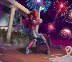 Size: 1052x900 | Tagged: safe, artist:eriadu, derpibooru import, fizzlepop berrytwist, tempest shadow, pony, g4, my little pony: the movie, armor, broken horn, cute, female, fireworks, freedom fighter, horn, mare, military tactician, rebel, redemption, solo, tempestbetes, tempestsass, warrior