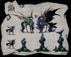 Size: 2000x1600 | Tagged: safe, artist:begasus, derpibooru import, nightmare moon, queen chrysalis, alicorn, changeling, changeling queen, pony, g4, bat wings, changeling guard, changeling officer, claws, colored hooves, don't starve, female, glowing, glowing eyes, heart, hooves, hybrid wings, lesbian, mare, realistic horse legs, ship:chrysmoon, shipping, white eyes, wing claws, wings