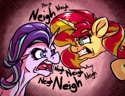 Size: 2792x2148 | Tagged: safe, artist:witchtaunter, derpibooru import, starlight glimmer, sunset shimmer, pony, unicorn, g4, angry, bust, descriptive noise, duo, female, gritted teeth, horn, horse noises, horses doing horse things, looking at each other, looking at someone, mare, neigh, open mouth, out of character, rageset shimmer, teeth, that pony sure have anger issues