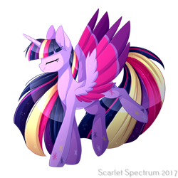 Size: 1050x1050 | Tagged: safe, artist:scarlet-spectrum, derpibooru import, twilight sparkle, twilight sparkle (alicorn), alicorn, pony, g4, eyes closed, female, long mane, long tail, mare, rainbow power, simple background, slender, smiling, solo, spread wings, tail, thin, transparent background, wings