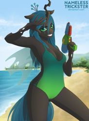 Size: 2093x2864 | Tagged: safe, artist:namelesstrickster, derpibooru import, queen chrysalis, anthro, changeling, g4, armpits, beach, breasts, cleavage, clothes, commission, female, looking at you, ocean, one-piece swimsuit, queen chrysaltits, salute, seashore, sideboob, smiling, solo, swimsuit, toy, water, ych result