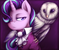 Size: 1400x1200 | Tagged: safe, artist:jadekettu, derpibooru import, starlight glimmer, bird, owl, pony, unicorn, g4, clothes, female, horn, lidded eyes, mare