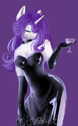 Size: 1441x2302 | Tagged: safe, artist:thenightdarksecret, derpibooru import, rarity, anthro, unicorn, g4, bare shoulders, beautiful, black dress, breasts, classy, cleavage, clothes, digital art, dress, elegant, evening dress, evening gloves, eyelashes, eyes closed, female, fluffy, glass, gloves, hair over one eye, horn, jewelry, long dress, long gloves, necklace, open clothes, purple background, raritits, side slit, sideboob, signature, simple background, solo, total sideslit