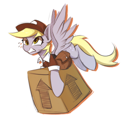 Size: 1024x1024 | Tagged: safe, artist:l8lhh8086, derpibooru import, derpy hooves, pegasus, pony, g4, the point of no return, box, carrying, cute, derpabetes, emanata, female, mailmare, mare, my little pony: friendship is magic, package, plewds, simple background, solo, sweat, sweatdrops, this side up, white background