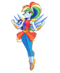 Size: 1024x1252 | Tagged: safe, artist:riouku, derpibooru import, rainbow dash, human, equestria girls, g4, legend of everfree, alternate hairstyle, blushing, bravery, commission, compassion, courage, crystal guardian, cute, dashabetes, female, hero dash, honour, hope, integrity, kindness, looking at you, loyalty, optimism, pants, perseverance, ponied up, ponytail, rainbow dash is best human, rainbow sass, simple background, smiling, solo, warrior dash, white background