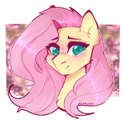 Size: 1024x1024 | Tagged: safe, artist:zakkurro, derpibooru import, fluttershy, pegasus, pony, g4, abstract background, blushing, bust, cheek fluff, colored pupils, cute, ear fluff, ears, female, mare, portrait, shyabetes, solo