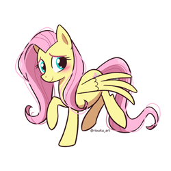 Size: 1024x1024 | Tagged: safe, artist:riouku, derpibooru import, fluttershy, pegasus, pony, g4, blushing, cute, female, mare, raised hoof, raised leg, shyabetes, simple background, smiling, solo, spread wings, white background, wings