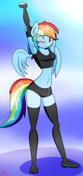 Size: 1680x3570 | Tagged: safe, artist:ramoncrimson935, derpibooru import, rainbow dash, anthro, pegasus, plantigrade anthro, g4, adorasexy, arm behind head, armpits, belly, belly button, blushing, breasts, cleavage, clothes, cute, female, midriff, sexy, shorts, socks, solo, sports bra, sports shorts, stretching, stupid sexy rainbow dash, thigh highs