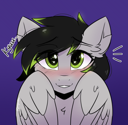 Size: 2623x2571 | Tagged: safe, artist:sonigiraldo, derpibooru import, oc, oc only, oc:silver moon, pegasus, pony, beautiful, black and green, blushing, cute, daaaaaaaaaaaw, female, green and black mane, green eyes, hair tips, heart, heart eyes, kyu, looking at you, mare, purple background, simple background, smiling, smiling at you, weapons-grade cute, wingding eyes, wings