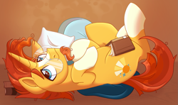 Size: 1013x599 | Tagged: safe, artist:slushpony, derpibooru import, sunburst, pony, unicorn, g4, bed, belly, blanket, book, coat markings, comfy, cute, eyebrows, facial hair, glasses, goatee, gradient background, horn, lidded eyes, lying down, lying on bed, male, night, on bed, pillow, raised hoof, raised leg, shading, shy, smiling, socks (coat marking), solo, stallion, sunbetes, sunburst's glasses, tired