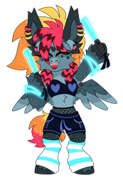 Size: 4109x5933 | Tagged: safe, artist:crazysketch101, derpibooru import, oc, oc:crazy looncrest, pegasus, pony, semi-anthro, belly fluff, bipedal, bracelet, clothes, ear piercing, earring, fishnet clothing, fishnet stockings, glowstick, jewelry, midriff, piercing, raver, sharp teeth, shorts, standing, stockings, teeth, thigh highs, unshorn fetlocks