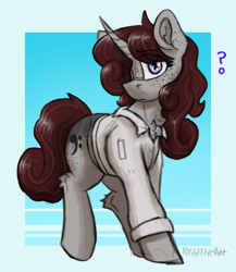 Size: 917x1058 | Tagged: safe, artist:reddthebat, derpibooru import, oc, oc only, oc:violina (reddthebat), pony, unicorn, chest fluff, clothes, ear fluff, ears, female, hair over one eye, hock fluff, horn, looking at you, mare, passepartout, question mark, shirt, signature, solo, traditional art