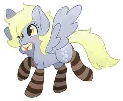 Size: 1283x1064 | Tagged: safe, artist:mimiqq, derpibooru import, derpy hooves, pegasus, pony, g4, :3, blushing, clothes, female, happy, letter, mail, mailmare, mare, simple background, socks, solo, spread wings, striped socks, thigh highs, transparent background, wings