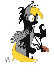 Size: 480x640 | Tagged: safe, artist:easel-pencil, derpibooru import, derpy hooves, pegasus, pony, g4, black and yellow, crossover, female, food, marvel, muffin, simple background, solo, spider-man, symbiote, venom, white background