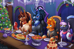 Size: 3600x2400 | Tagged: safe, artist:miramore, derpibooru import, oc, oc only, oc:fireheart(fire), oc:nurse lavender blossom, oc:queen lunaris, oc:queen tiara, alicorn, bat pony, pony, alicorn oc, alternate universe, bat pony oc, boots, christmas, christmas card, christmas tree, clothes, fireheart76's latex suit design, gloves, hearth's warming eve, holiday, horn, latex, latex boots, latex gloves, latex suit, prisoners of the moon, rubber, rubber suit, shoes, tree, wings