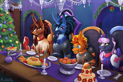 Size: 3600x2400 | Tagged: safe, artist:miramore, derpibooru import, oc, oc only, oc:fireheart(fire), oc:nurse lavender blossom, oc:queen lunaris, oc:queen tiara, alicorn, bat pony, pony, alicorn oc, alternate universe, bat pony oc, boots, christmas, christmas card, christmas tree, clothes, fireheart76's latex suit design, gloves, hearth's warming eve, holiday, horn, latex, latex boots, latex gloves, latex suit, prisoners of the moon, rubber, rubber suit, shoes, tree, wings